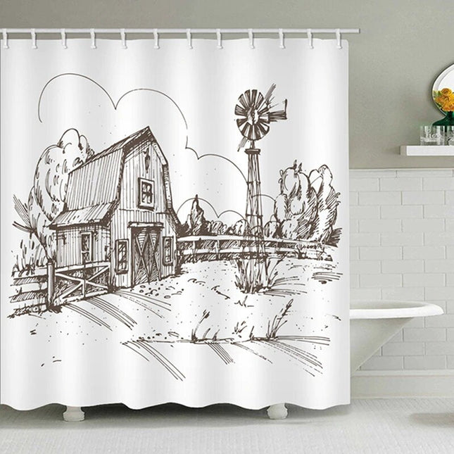 Badeforhæng med tegning af bondegård