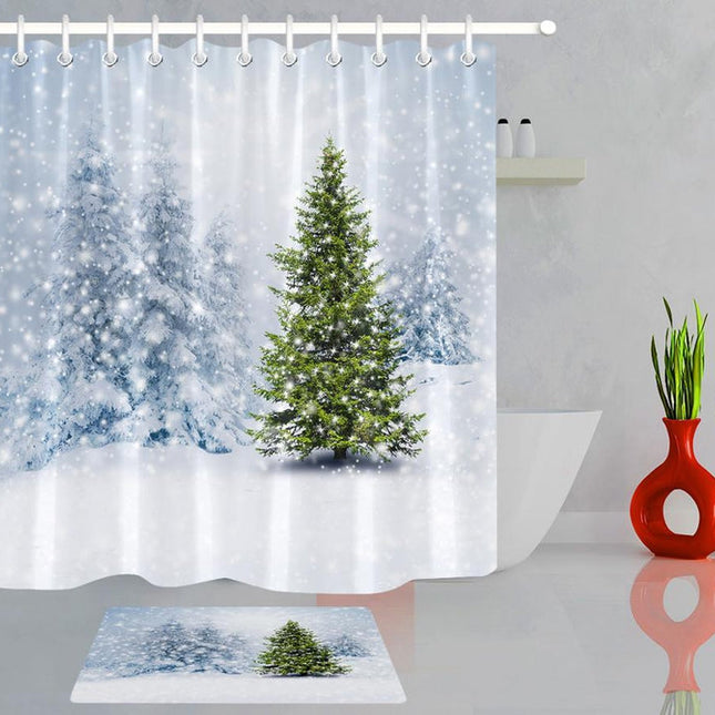 Badeforhæng med sne og juletræ