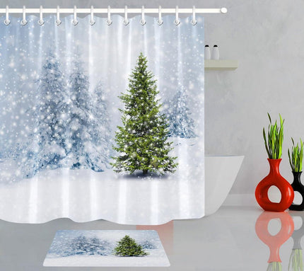 Badeforhæng med sne og juletræ