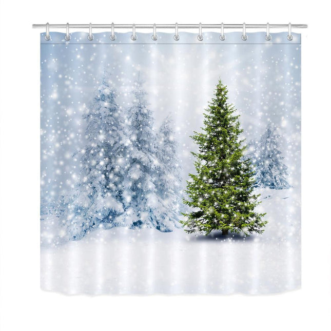 Badeforhæng med sne og juletræ