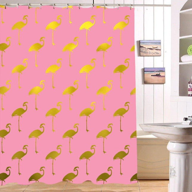 Lyserødt badeforhæng med flamingoer i rosaguld