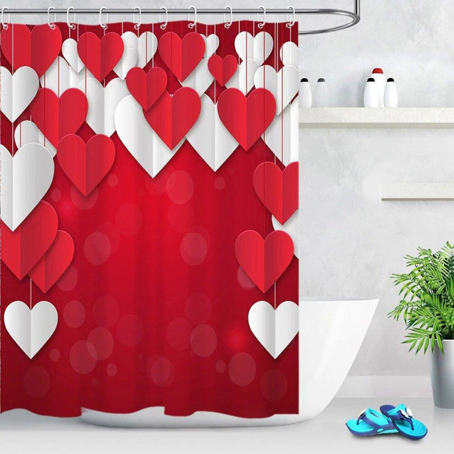 Rødt og hvidt badeforhæng med hjerter