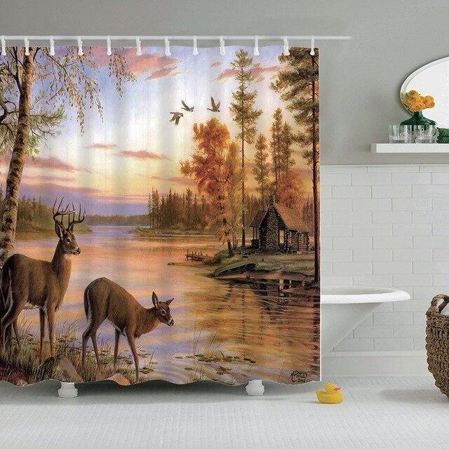 Badeforhæng med hjorte ved skovsø