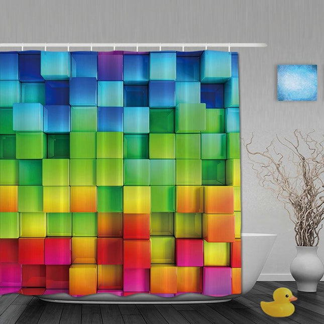 Badeforhæng med farverige 3D regnbue tern