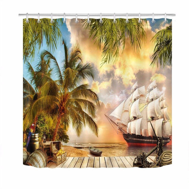 Badeforhæng med piratskib i solnedgang