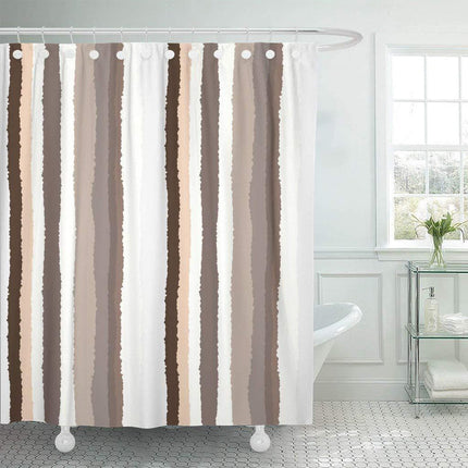 Beige og hvidt stribet badeforhæng