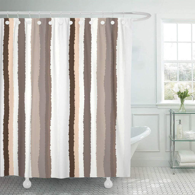 Beige og hvidt stribet badeforhæng