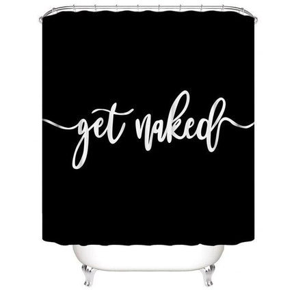 Sort badeforhæng med sjov tekst