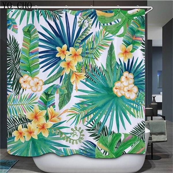 Blå-grønt badeforhæng med tropiske blade