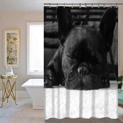 Fotografisk badeforhæng med fransk bulldog
