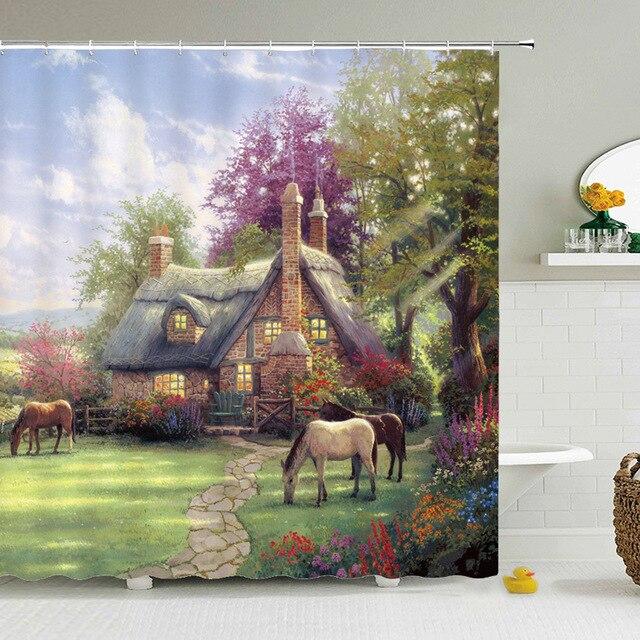 Badeforhæng med landlig idyl og heste