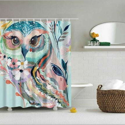 Badeforhæng med ugle i akvarel
