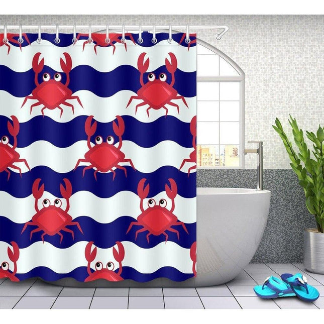 Badeforhæng med krabber og blå bølger
