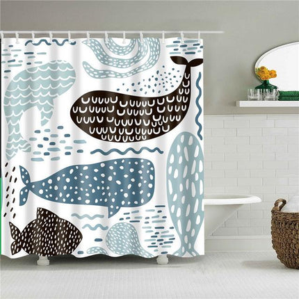 Badeforhæng med grafisk hval motiv