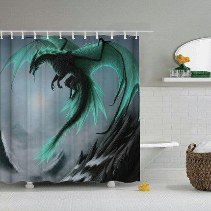 Badeforhæng med mytisk drage på en klippe