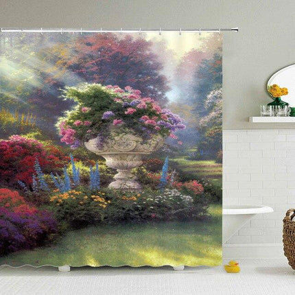 Badeforhæng med malerisk have motiv