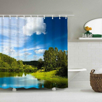 Badeforhæng med smukt sø landskab