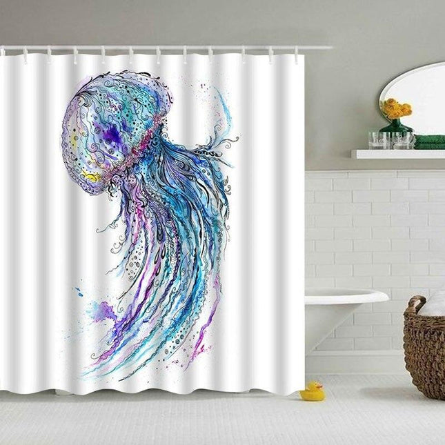 Badeforhæng med kunstnerisk gople motiv
