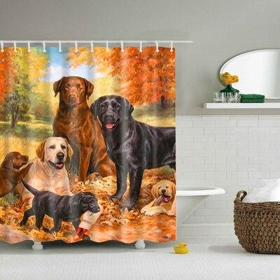 Badeforhæng med maleri af hunde om efteråret