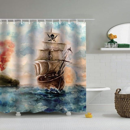 Badeforhæng med akvarel af piratskib