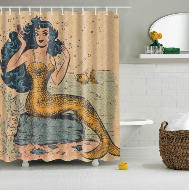 Vintage badeforhæng med gylden havfrue