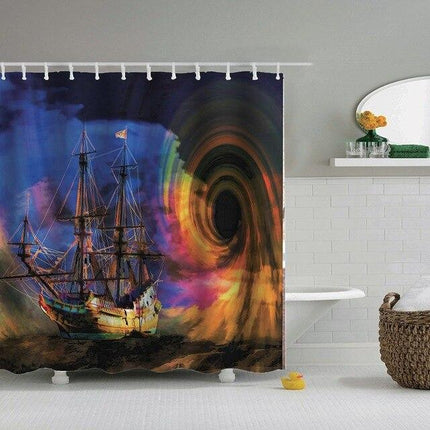 Badeforhæng med skib i abstrakt malstrøm