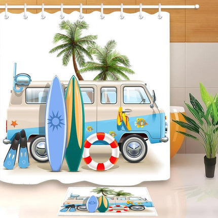 Badeforhæng med surfer van og strandmotiv