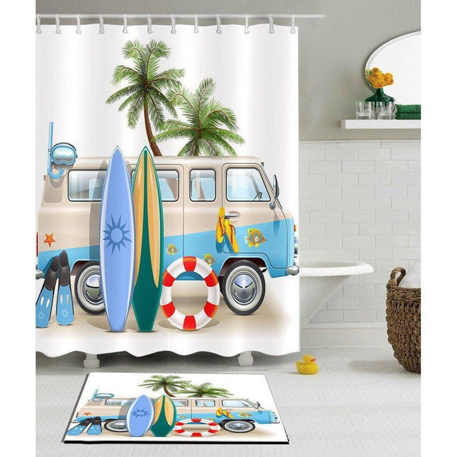 Badeforhæng med surfer van og strandmotiv