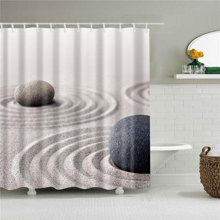 Beige badeforhæng med Zen have motiv